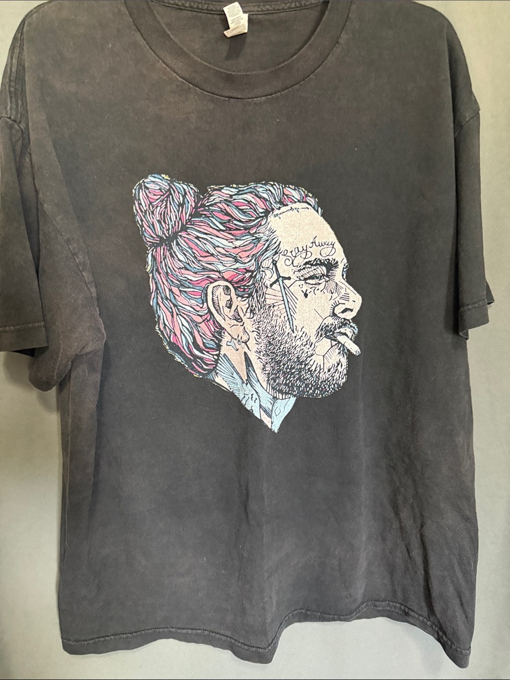 Post Malone Men's Black Graphic Tee with Pastel Portrait Print